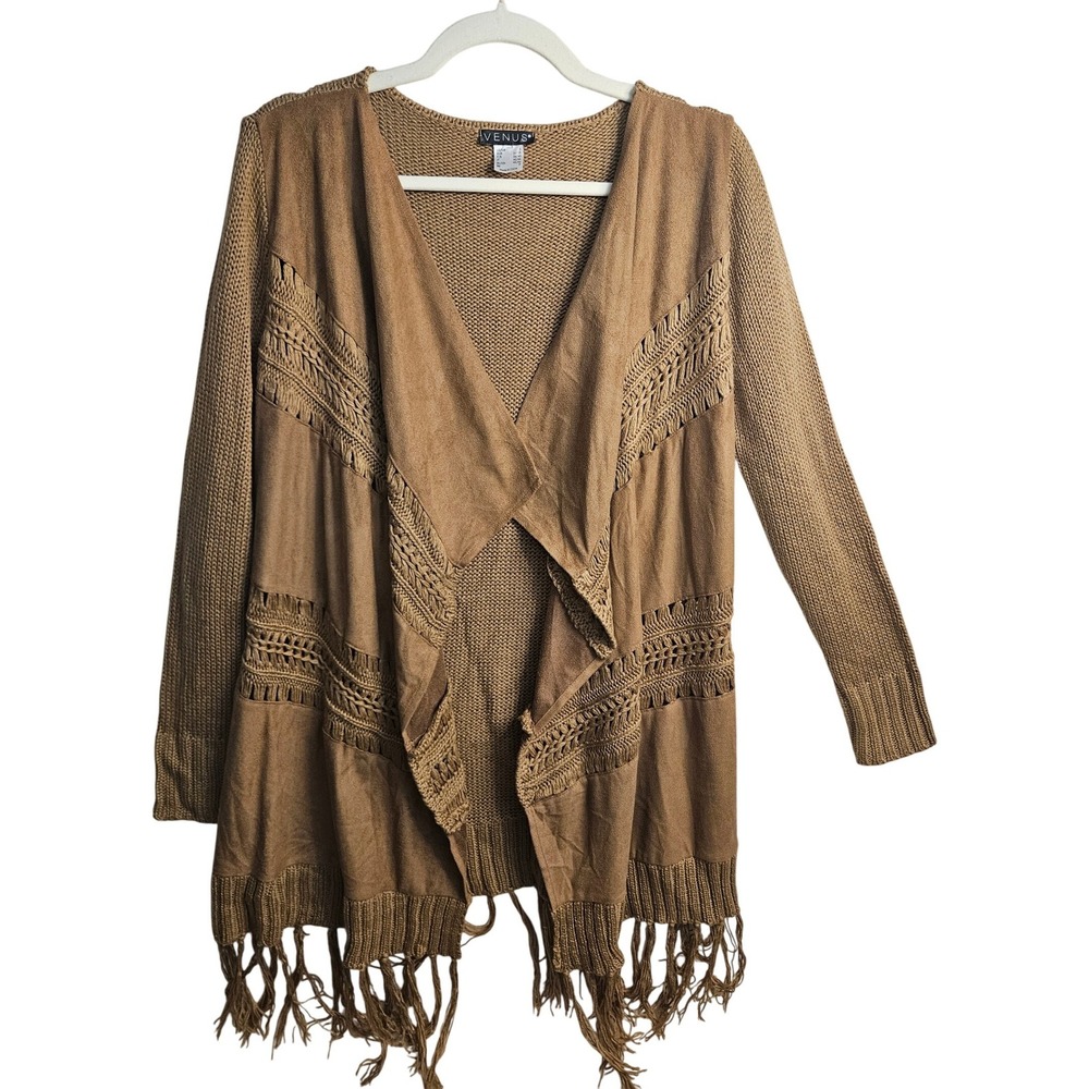 Venus Brown Fringe Open Cardigan Sz S Oversized Cable Knit Waterfall   #549‎